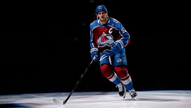 Dec 10, 2021; Denver, Colorado, USA; Colorado Avalanche left wing Gabriel Landeskog (92) is introduced before the game against the Detroit Red Wings at Ball Arena. Mandatory Credit: Isaiah J. Downing-USA TODAY Sports