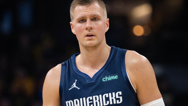 Dec 10, 2021; Indianapolis, Indiana, USA; Dallas Mavericks center Kristaps Porzingis (6)  in the first half against the Indiana Pacers at Gainbridge Fieldhouse. Mandatory Credit: Trevor Ruszkowski-USA TODAY Sports