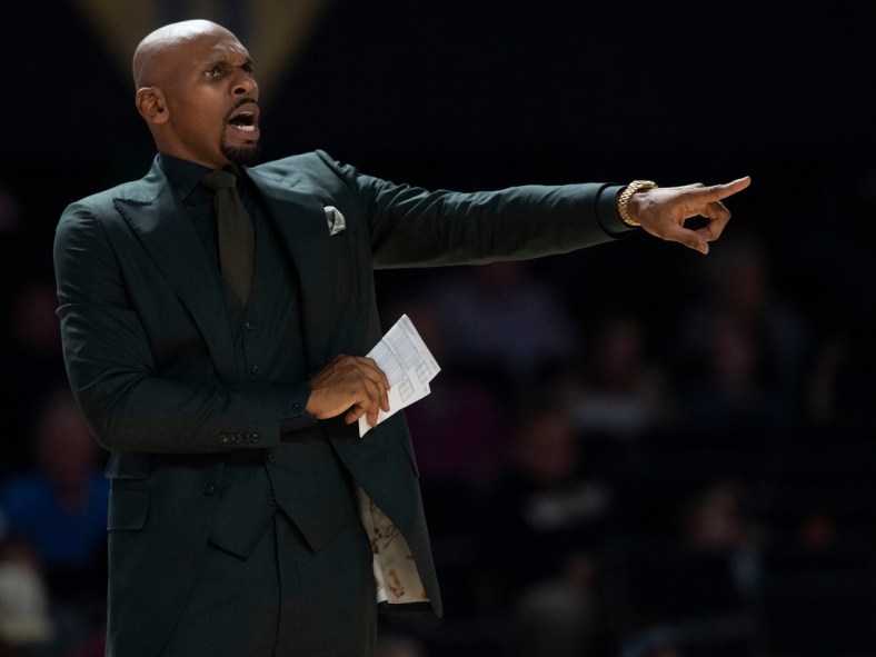 Vanderbilt Commodores head coach Jerry Stackhouse yells instruction to his players during the second half of the game against the Loyola Ramblers at Memorial Gymnasium Friday, Dec. 10, 2021 in Nashville, Tenn.

Nas Vandy Loyola 018