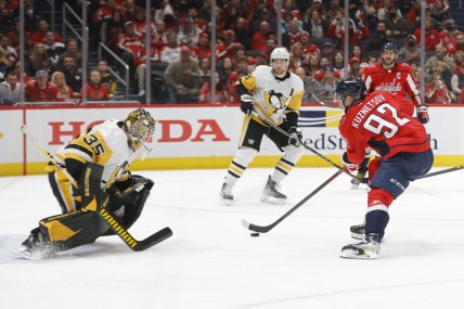 Dec 10, 2021; Washington, District of Columbia, USA; Washington Capitals center Evgeny Kuznetsov (92) scores a goal on Pittsburgh Penguins goaltender Tristan Jarry (35) during the third period at Capital One Arena. Mandatory Credit: Geoff Burke-USA TODAY Sports