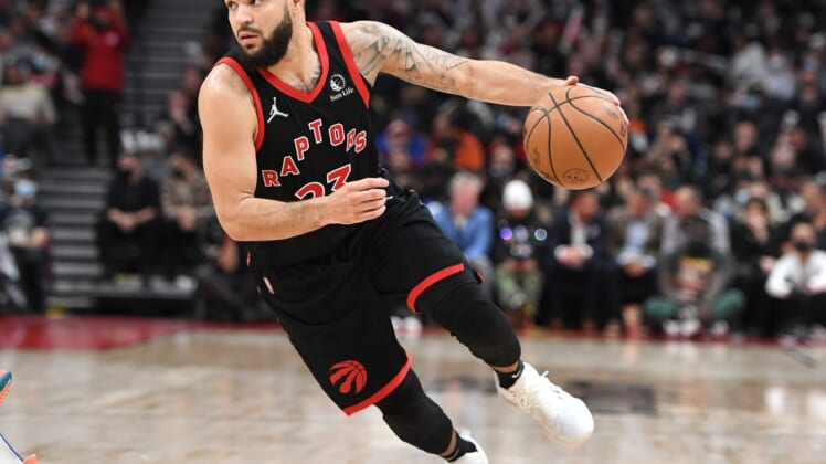 Dec 10, 2021; Toronto, Ontario, CAN;  Toronto Raptors guard Fred VanVleet (23) dribbles the ball against the New York Knicks in the second half at Scotiabank Arena. Mandatory Credit: Dan Hamilton-USA TODAY Sports