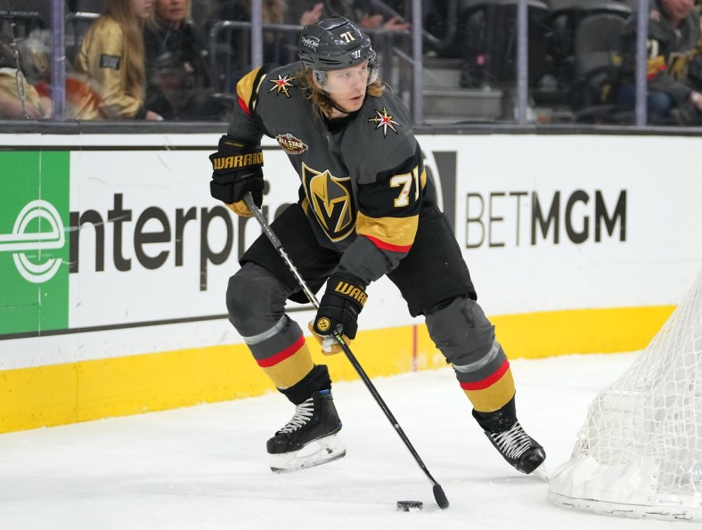 Dec 10, 2021; Las Vegas, Nevada, USA; Vegas Golden Knights center William Karlsson (71) looks for an open team mate during the second period against the Philadelphia Flyers at T-Mobile Arena. Mandatory Credit: Stephen R. Sylvanie-USA TODAY Sports