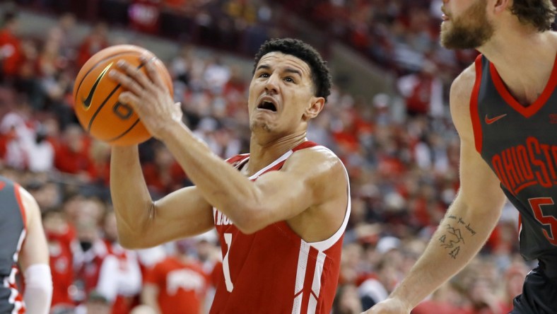 Dec 11, 2021; Columbus, Ohio, USA; Wisconsin Badgers guard Johnny Davis looks to score during the first half against the Ohio State Buckeyes at Value City Arena.