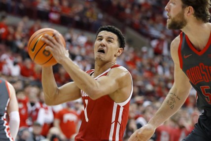 Dec 11, 2021; Columbus, Ohio, USA; Wisconsin Badgers guard Johnny Davis looks to score during the first half against the Ohio State Buckeyes at Value City Arena.