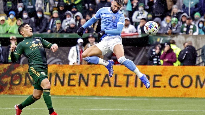 Dec 11, 2021; Portland, OR, USA; New York City FC midfielder Valentin Castellanos (11)  scores a goal during the first half against the Portland Timbers the 2021 MLS Cup championship game at Providence Park. Mandatory Credit: Soobum Im-USA TODAY Sports