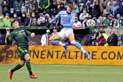 Dec 11, 2021; Portland, OR, USA; New York City FC midfielder Valentin Castellanos (11)  scores a goal during the first half against the Portland Timbers the 2021 MLS Cup championship game at Providence Park. Mandatory Credit: Soobum Im-USA TODAY Sports