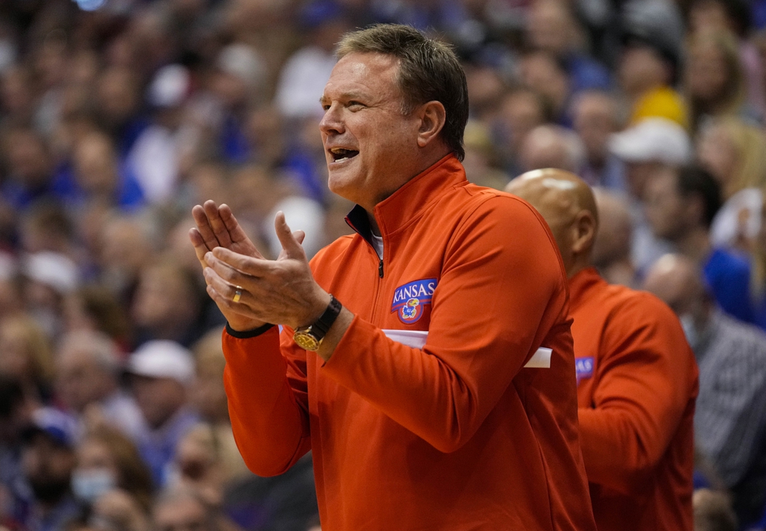 fDec 11, 2021; Lawrence, Kansas, USA; Kansas Jayhawks head coach Bill Self reacts during the second half against the Missouri Tigers at Allen Fieldhouse. Mandatory Credit: Jay Biggerstaff-USA TODAY Sports