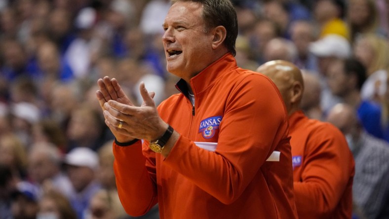 fDec 11, 2021; Lawrence, Kansas, USA; Kansas Jayhawks head coach Bill Self reacts during the second half against the Missouri Tigers at Allen Fieldhouse. Mandatory Credit: Jay Biggerstaff-USA TODAY Sports