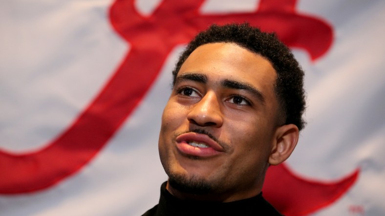 Dec 11, 2021; New York, NY, USA; Heisman candidate quarterback Bryce Young of Alabama speaks to the media during a press conference at the New York Marriott Marquis in New York City. Mandatory Credit: Brad Penner-USA TODAY Sports