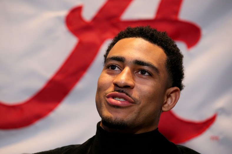 Dec 11, 2021; New York, NY, USA; Heisman candidate quarterback Bryce Young of Alabama speaks to the media during a press conference at the New York Marriott Marquis in New York City. Mandatory Credit: Brad Penner-USA TODAY Sports