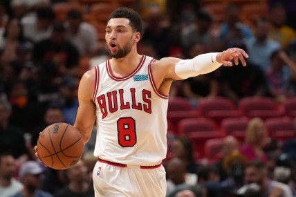 Dec 11, 2021; Miami, Florida, USA; Chicago Bulls guard Zach LaVine (8) dribbles the ball up the court against the Miami Heat during the first half at FTX Arena. Mandatory Credit: Jasen Vinlove-USA TODAY Sports