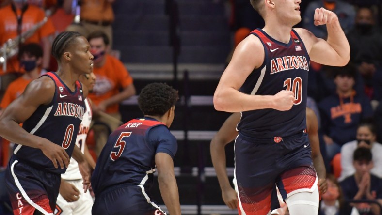 Dec 11, 2021; Champaign, Illinois, USA;  Arizona Wildcats forward Azuolas Tubelis (10) reacts after scoring a 3 point shot during the first half against the Illinois fighting Illini at State Farm Center. Mandatory Credit: Ron Johnson-USA TODAY Sports