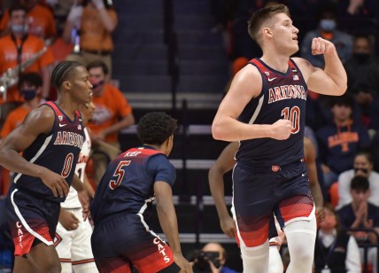 Dec 11, 2021; Champaign, Illinois, USA;  Arizona Wildcats forward Azuolas Tubelis (10) reacts after scoring a 3 point shot during the first half against the Illinois fighting Illini at State Farm Center. Mandatory Credit: Ron Johnson-USA TODAY Sports