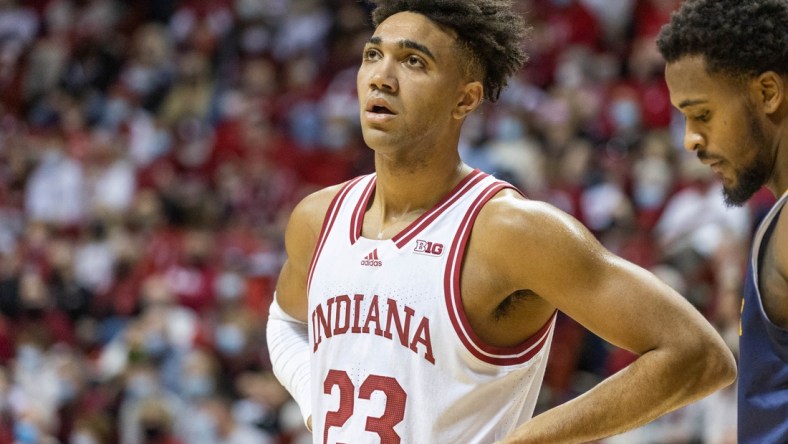 Dec 12, 2021; Bloomington, Indiana, USA; Indiana Hoosiers forward Trayce Jackson-Davis (23) in the first half against the Merrimack College Warriors at Simon Skjodt Assembly Hall. Mandatory Credit: Trevor Ruszkowski-USA TODAY Sports