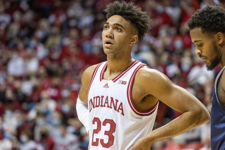 Dec 12, 2021; Bloomington, Indiana, USA; Indiana Hoosiers forward Trayce Jackson-Davis (23) in the first half against the Merrimack College Warriors at Simon Skjodt Assembly Hall. Mandatory Credit: Trevor Ruszkowski-USA TODAY Sports
