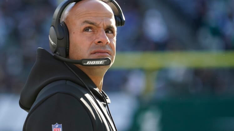 Dec 12, 2021; East Rutherford, N.J.,USA;  New York Jets head coach Robert Saleh in the first half against the New Orleans Saints at MetLife Stadium. Mandatory Credit: Robert Deutsch-USA TODAY Sports