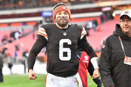 Dec 12, 2021; Cleveland, Ohio, USA; Cleveland Browns quarterback Baker Mayfield (6) celebrates after the Browns beat the Baltimore Ravens at FirstEnergy Stadium. Mandatory Credit: Ken Blaze-USA TODAY Sports
