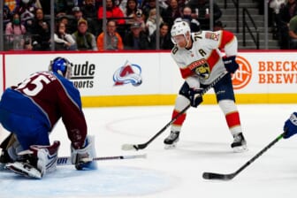 Dec 12, 2021; Denver, Colorado, USA; Florida Panthers right wing Patric Hornqvist (70) lines up a shot against Colorado Avalanche goaltender Darcy Kuemper (35) in the first period at Ball Arena. Mandatory Credit: Ron Chenoy-USA TODAY Sports