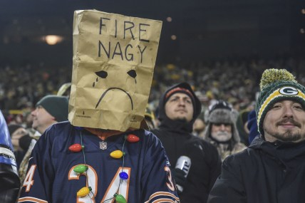 Dec 12, 2021; Green Bay, Wisconsin, USA;  A Chicago Bears fans shows his displeasure with the head coach Matt Nagy (not pictured) during the game against the Green Bay Packers at Lambeau Field. Mandatory Credit: Benny Sieu-USA TODAY Sports