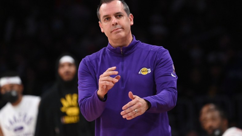 Dec 12, 2021; Los Angeles, California, USA; Los Angeles Lakers head coach Frank Vogel calls for a time out in the second half of the game against the Orlando Magic at Staples Center. Mandatory Credit: Jayne Kamin-Oncea-USA TODAY Sports