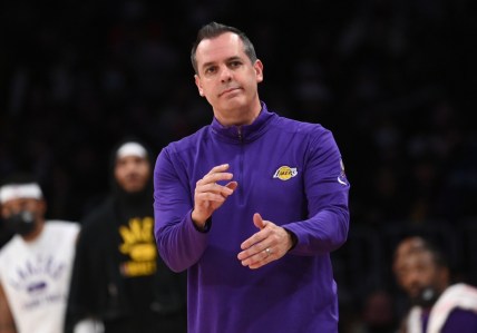 Dec 12, 2021; Los Angeles, California, USA; Los Angeles Lakers head coach Frank Vogel calls for a time out in the second half of the game against the Orlando Magic at Staples Center. Mandatory Credit: Jayne Kamin-Oncea-USA TODAY Sports
