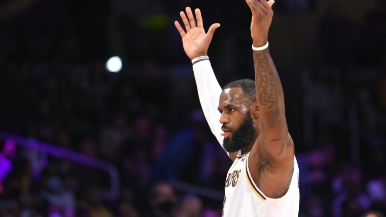 Dec 12, 2021; Los Angeles, California, USA; Los Angeles Lakers forward LeBron James (6) reacts to the crowd after a three-point basket in the second half against the Orlando Magic at Staples Center. Mandatory Credit: Jayne Kamin-Oncea-USA TODAY Sports