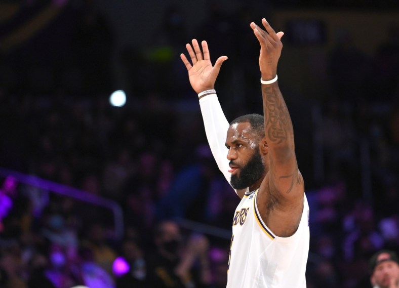 Dec 12, 2021; Los Angeles, California, USA; Los Angeles Lakers forward LeBron James (6) reacts to the crowd after a three-point basket in the second half against the Orlando Magic at Staples Center. Mandatory Credit: Jayne Kamin-Oncea-USA TODAY Sports