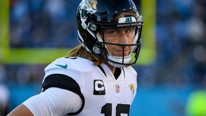 Dec 12, 2021; Nashville, Tennessee, USA;  Jacksonville Jaguars quarterback Trevor Lawrence (16) after throwing his 4th interception of the game against the Tennessee Titans at Nissan Stadium. Mandatory Credit: Steve Roberts-USA TODAY Sports