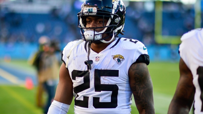 Dec 12, 2021; Nashville, Tennessee, USA;  Jacksonville Jaguars running back James Robinson (25) at Nissan Stadium. Mandatory Credit: Steve Roberts-USA TODAY Sports