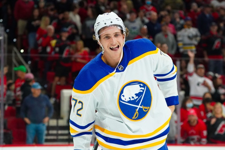 Dec 4, 2021; Raleigh, North Carolina, USA;  Buffalo Sabres right wing Tage Thompson (72) comes off the ice against the Carolina Hurricanes during the second period at PNC Arena. Mandatory Credit: James Guillory-USA TODAY Sports