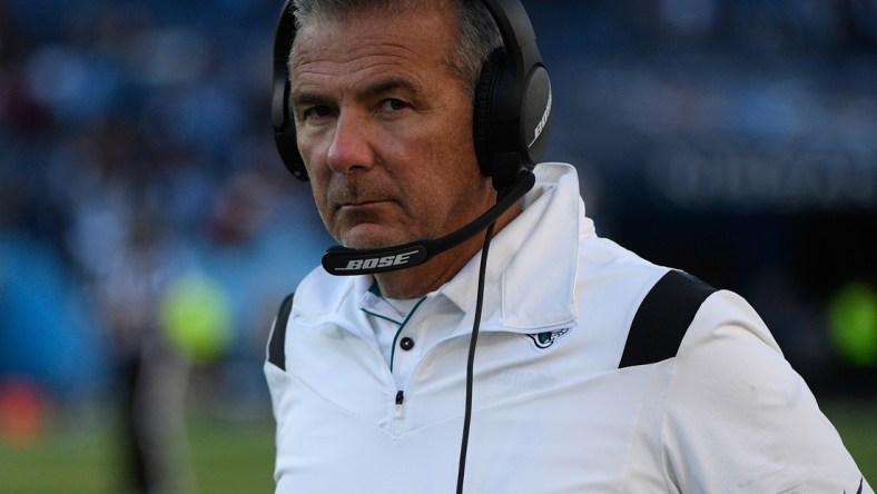 Dec 12, 2021; Nashville, Tennessee, USA;  Jacksonville Jaguars head coach Urban Meyer on the sidelines against the Tennessee Titans during the second half at Nissan Stadium. Mandatory Credit: Steve Roberts-USA TODAY Sports