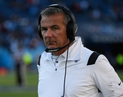Dec 12, 2021; Nashville, Tennessee, USA;  Jacksonville Jaguars head coach Urban Meyer on the sidelines against the Tennessee Titans during the second half at Nissan Stadium. Mandatory Credit: Steve Roberts-USA TODAY Sports