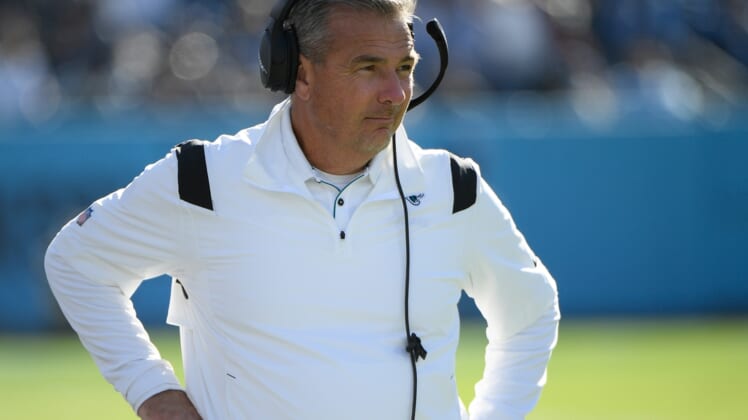 Dec 12, 2021; Nashville, Tennessee, USA;  Jacksonville Jaguars head coach Urban Meyer against the Tennessee Titans during first half at Nissan Stadium. Mandatory Credit: Steve Roberts-USA TODAY Sports