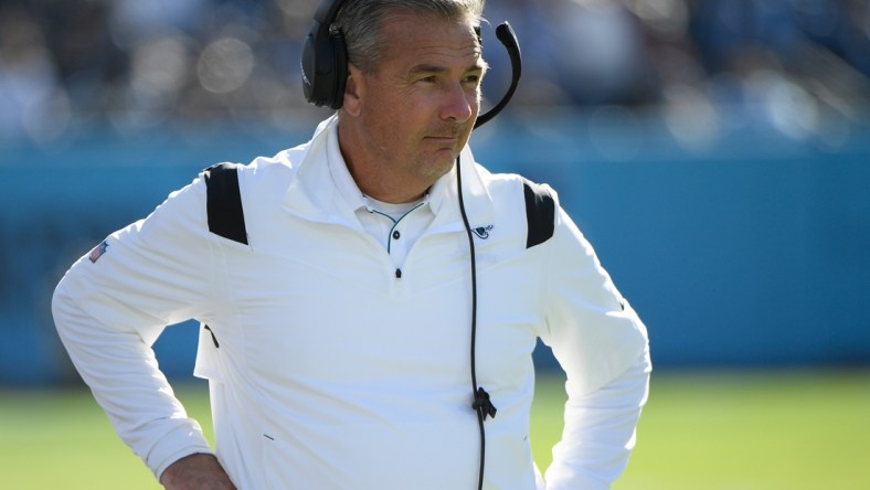 Dec 12, 2021; Nashville, Tennessee, USA;  Jacksonville Jaguars head coach Urban Meyer against the Tennessee Titans during first half at Nissan Stadium. Mandatory Credit: Steve Roberts-USA TODAY Sports