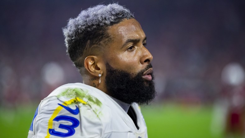 Dec 13, 2021; Glendale, Arizona, USA; Los Angeles Rams wide receiver Odell Beckham Jr. (3) against the Arizona Cardinals at State Farm Stadium. Mandatory Credit: Mark J. Rebilas-USA TODAY Sports