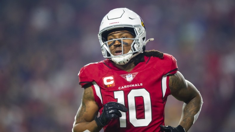 Dec 13, 2021; Glendale, Arizona, USA; Arizona Cardinals wide receiver DeAndre Hopkins (10) against the Los Angeles Rams at State Farm Stadium. Mandatory Credit: Mark J. Rebilas-USA TODAY Sports