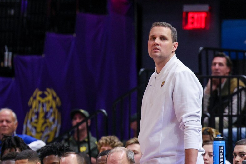 Dec 14, 2021; Baton Rouge, Louisiana, USA;  LSU Tigers head coach Will Wade looks on against Northwestern State Demons during the second half at Pete Maravich Assembly Center. Mandatory Credit: Stephen Lew-USA TODAY Sports