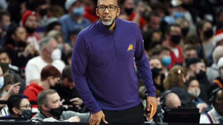 Dec 14, 2021; Portland, Oregon, USA; Phoenix Suns head coach Monty Williams watches from the sideline during the second half against the Portland Trail Blazers at Moda Center. Mandatory Credit: Soobum Im-USA TODAY Sports