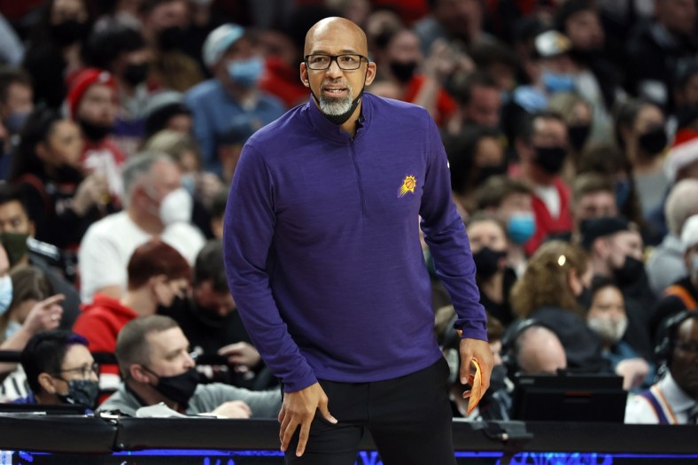 Dec 14, 2021; Portland, Oregon, USA; Phoenix Suns head coach Monty Williams watches from the sideline during the second half against the Portland Trail Blazers at Moda Center. Mandatory Credit: Soobum Im-USA TODAY Sports