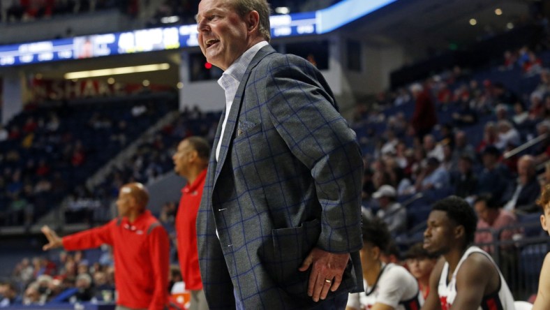 Dec 15, 2021; Oxford, Mississippi, USA; Mississippi Rebels head coach Kermit Davis reacts during the second half against the Middle Tennessee Blue Raiders at The Sandy and John Black Pavilion at Ole Miss. Mandatory Credit: Petre Thomas-USA TODAY Sports