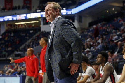 Dec 15, 2021; Oxford, Mississippi, USA; Mississippi Rebels head coach Kermit Davis reacts during the second half against the Middle Tennessee Blue Raiders at The Sandy and John Black Pavilion at Ole Miss. Mandatory Credit: Petre Thomas-USA TODAY Sports