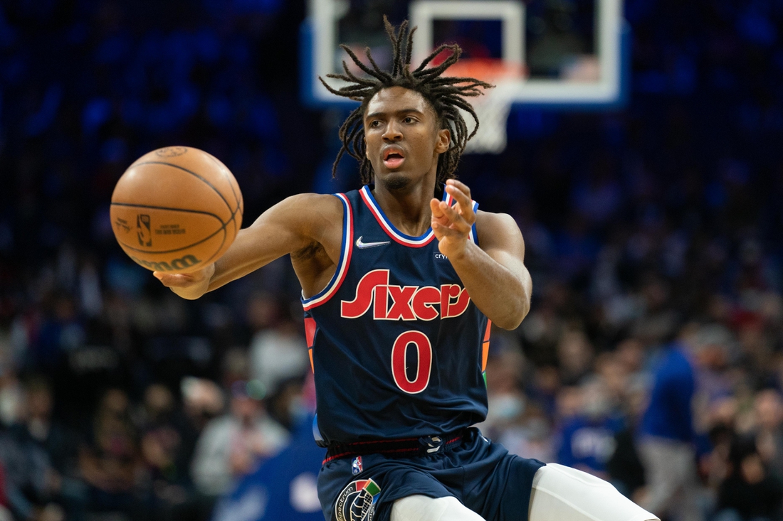 Dec 15, 2021; Philadelphia, Pennsylvania, USA; Philadelphia 76ers guard Tyrese Maxey (0) passes the ball against the Miami Heat during the third quarter at Wells Fargo Center. Mandatory Credit: Bill Streicher-USA TODAY Sports