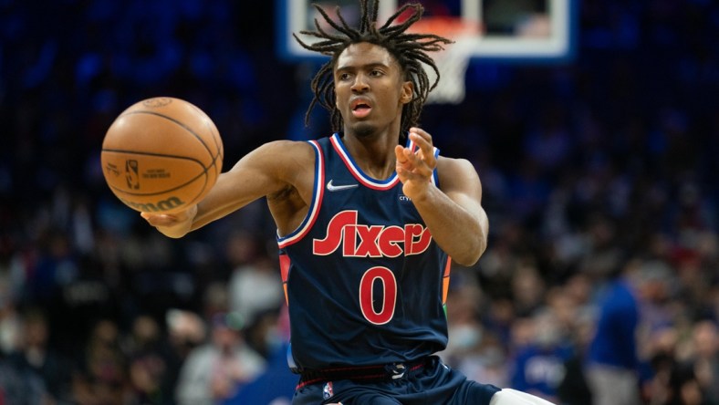 Dec 15, 2021; Philadelphia, Pennsylvania, USA; Philadelphia 76ers guard Tyrese Maxey (0) passes the ball against the Miami Heat during the third quarter at Wells Fargo Center. Mandatory Credit: Bill Streicher-USA TODAY Sports