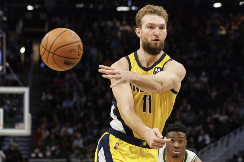 Dec 15, 2021; Milwaukee, Wisconsin, USA;  Indiana Pacers forward Domantas Sabonis (11) passes the ball during the fourth quarter against the Milwaukee Bucks at Fiserv Forum. Mandatory Credit: Jeff Hanisch-USA TODAY Sports
