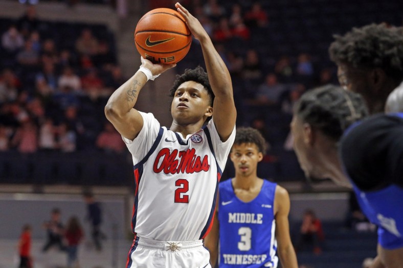 Dec 15, 2021; Oxford, Mississippi, USA; Mississippi Rebels guard Daeshun Ruffin (2) shoots a free throw during the second half against the Middle Tennessee Blue Raiders at The Sandy and John Black Pavilion at Ole Miss. Mandatory Credit: Petre Thomas-USA TODAY Sports