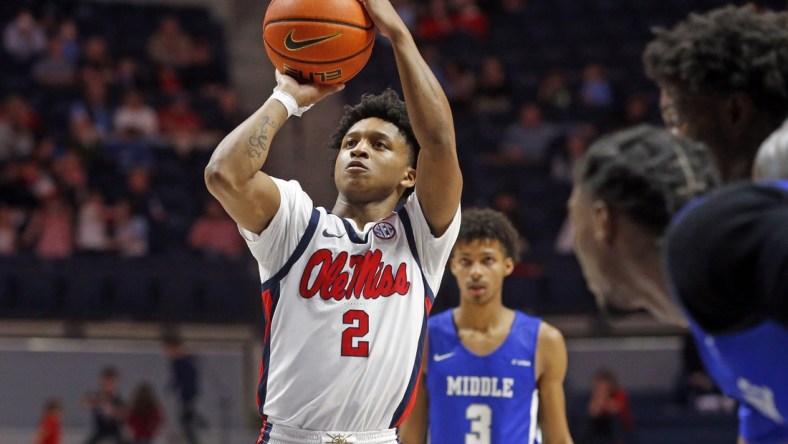 Dec 15, 2021; Oxford, Mississippi, USA; Mississippi Rebels guard Daeshun Ruffin (2) shoots a free throw during the second half against the Middle Tennessee Blue Raiders at The Sandy and John Black Pavilion at Ole Miss. Mandatory Credit: Petre Thomas-USA TODAY Sports