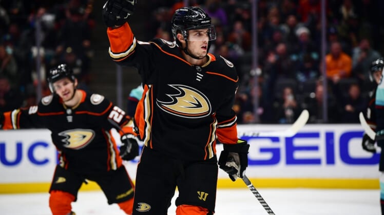 Dec 15, 2021; Anaheim, California, USA; Anaheim Ducks center Troy Terry (19) celebrates his power play goal scored against the Seattle Kraken during the second period at Honda Center. Mandatory Credit: Gary A. Vasquez-USA TODAY Sports