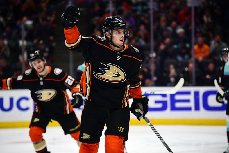 Dec 15, 2021; Anaheim, California, USA; Anaheim Ducks center Troy Terry (19) celebrates his power play goal scored against the Seattle Kraken during the second period at Honda Center. Mandatory Credit: Gary A. Vasquez-USA TODAY Sports