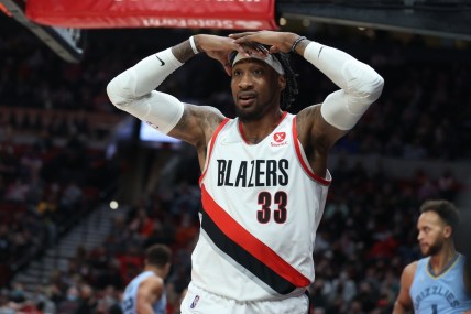 Dec 15, 2021; Portland, Oregon, USA;  Portland Trail Blazers forward Robert Covington (33) reacts after being called for a foul against the Memphis Grizzlies in the second half at Moda Center. Mandatory Credit: Jaime Valdez-USA TODAY Sports