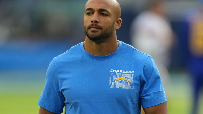 Dec 12, 2021; Inglewood, California, USA; Los Angeles Chargers running back Austin Ekeler (30) reacts during the game against the New York Giants at SoFi Stadium. Mandatory Credit: Kirby Lee-USA TODAY Sports